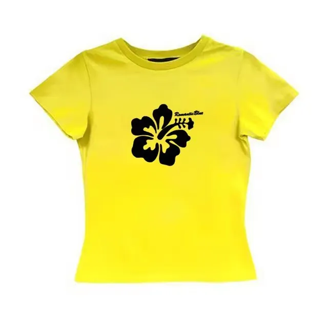 Flower Letter Printed Casual Short Sleeve Yellow - Shop at LoveMi