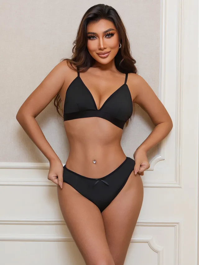 Leopard print Deep V Triangle Cup Lingerie Set Black - Shop at LoveMi