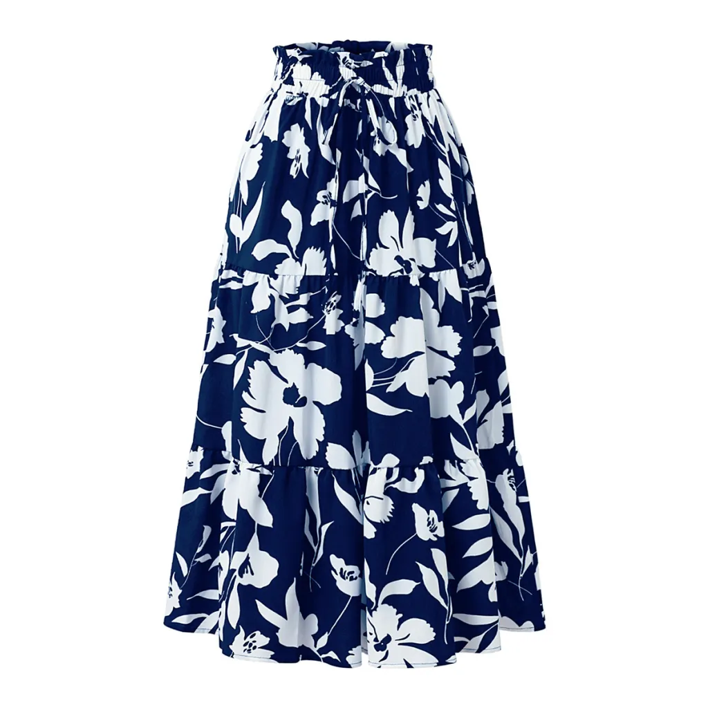 European And American Printed A- Line Skirt Pleated Skirt Women - Blue
