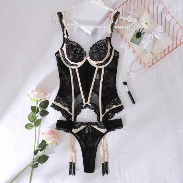 Women's Fashion Color Contrast See through Lace Underwear Split Suit Black Skin Color - Shop at LoveMi