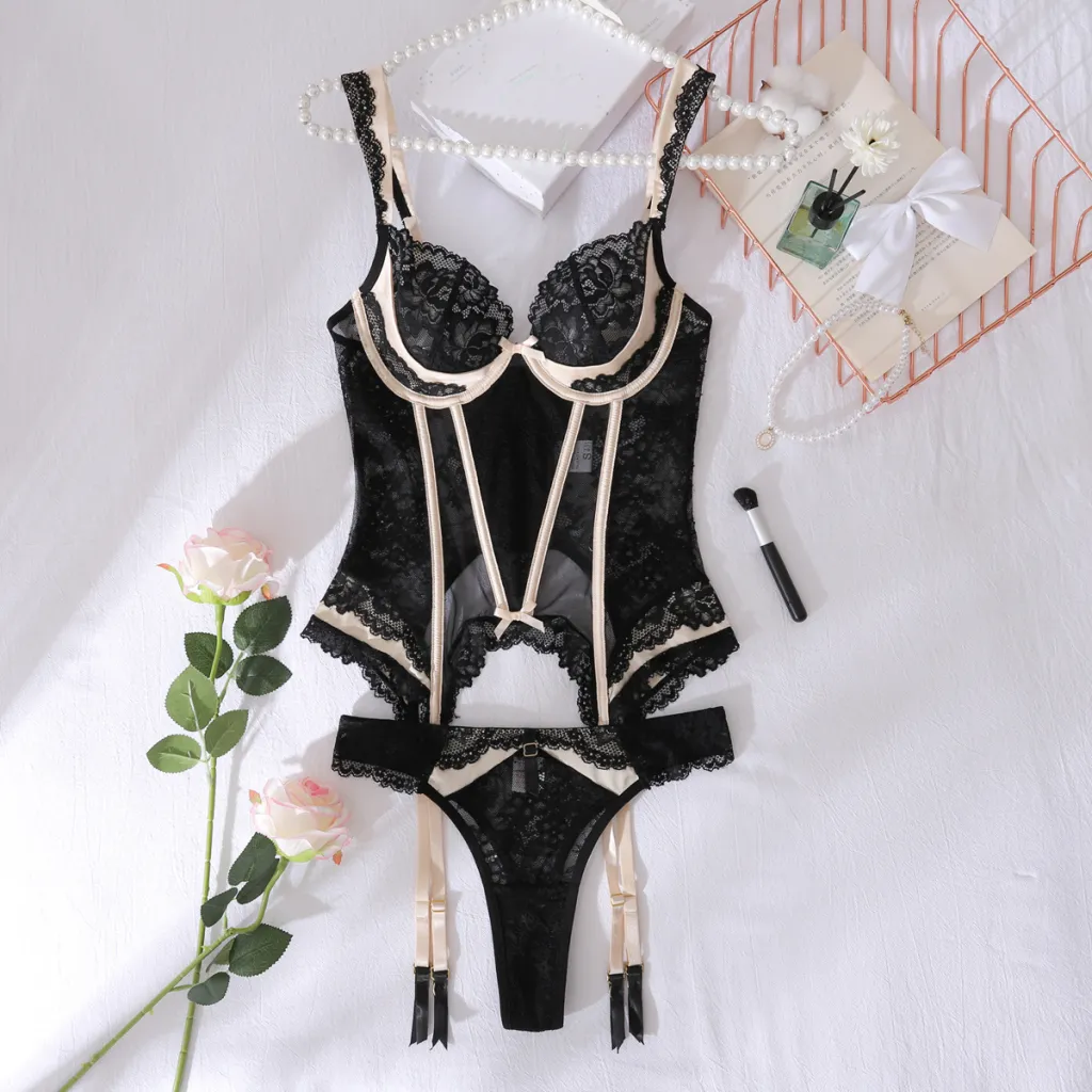 Women's Fashion Color Contrast See-through Lace Underwear Split Suit - Black Skin Color