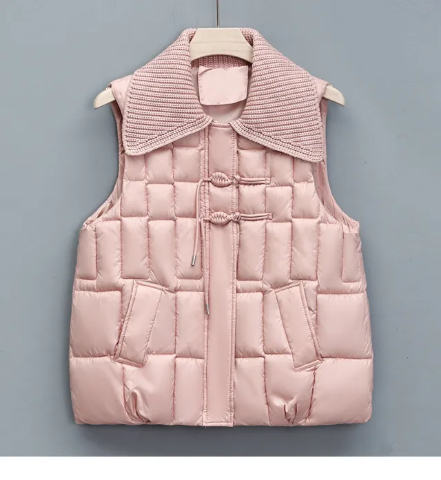 Stand Collar National Style Buckle Knitted Lapel Sleeveless Cotton padded Jacket Vest Pink - Shop at LoveMi