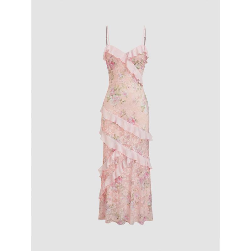 Ladies Lace Collar Floral Hem Long Dress Pink - Shop at LoveMi