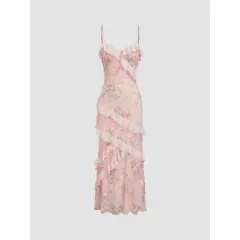 Ladies Lace Collar Floral Hem Long Dress - Pink - View 1