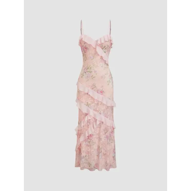 Ladies Lace Collar Floral Hem Long Dress Pink - Shop at LoveMi