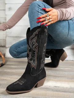 Pointed Toe Western Cowboy Boot Women's Large Size Embroidered Thick Boots - Red - View 1