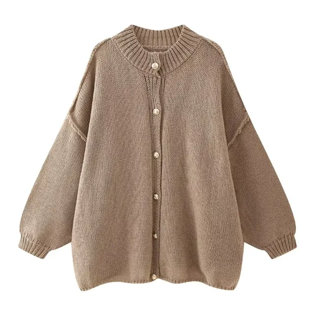 French Fashion Loose Round Neck All matching Metal Button Cardigan Sweater Khaki - Shop at LoveMi