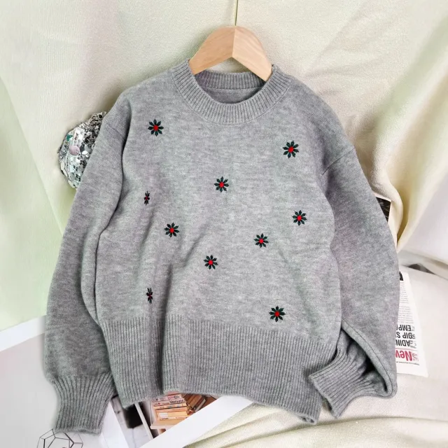 Women's Casual Embroidered Flower Sweater Gray - Shop at LoveMi