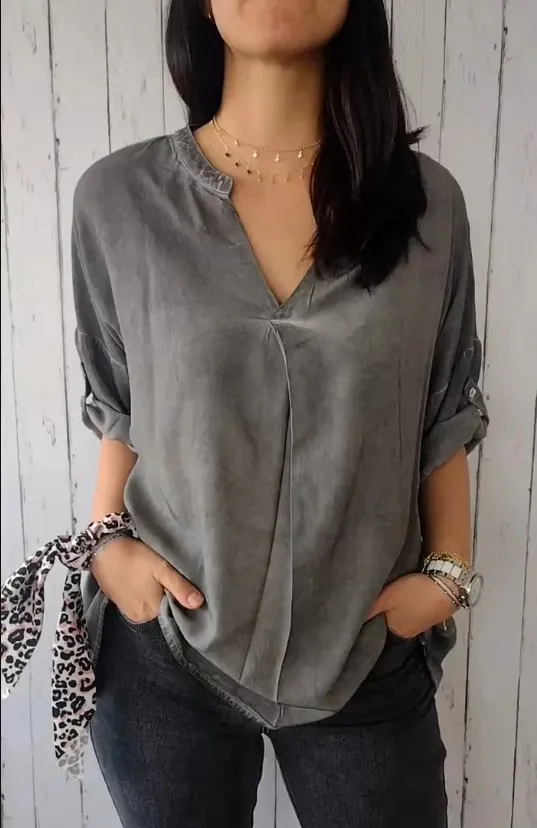 Women's Spring And Autumn V neck Cotton And Linen Pure Plus Size Shirt Gray - Shop at LoveMi