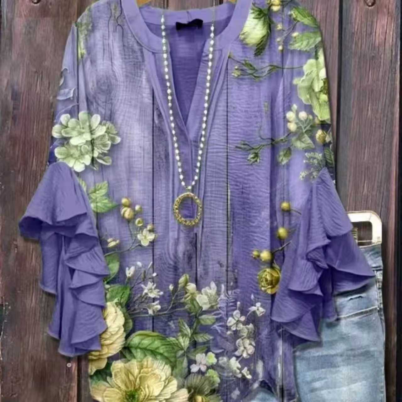 Printed Casual Trendy V-Neck Ruffle Hem T-Shirt