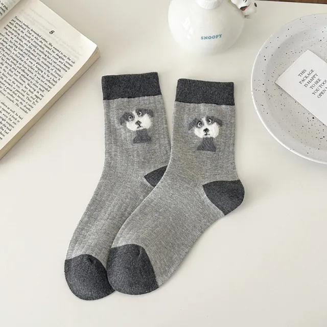 Cartoon NEPs Yarn Socks Women's Mid Tube Stockings Flocking Plush Spring And Autumn Cute Bunching Socks Gray Dog - Shop at LoveMi