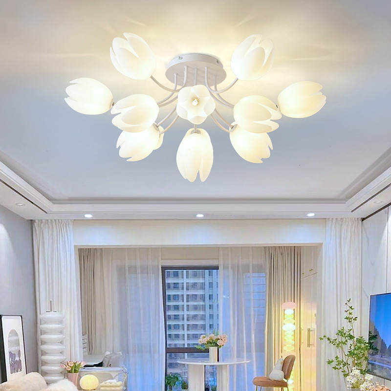 Magnolia French Cream Style Living Room Chandelier Warm Romantic Flower Room Lighting Package