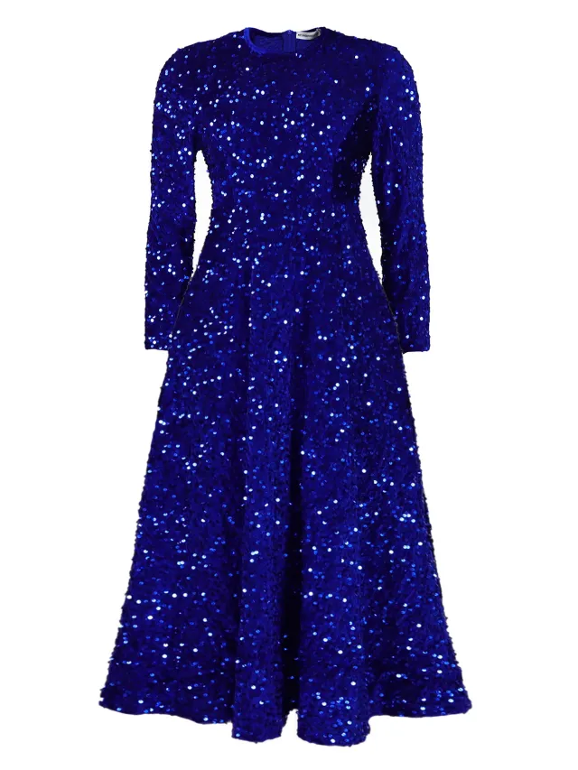 Women's Round Neck Long Sleeve Pure Color Sequins Mid length Formal Dress Blue - Shop at LoveMi