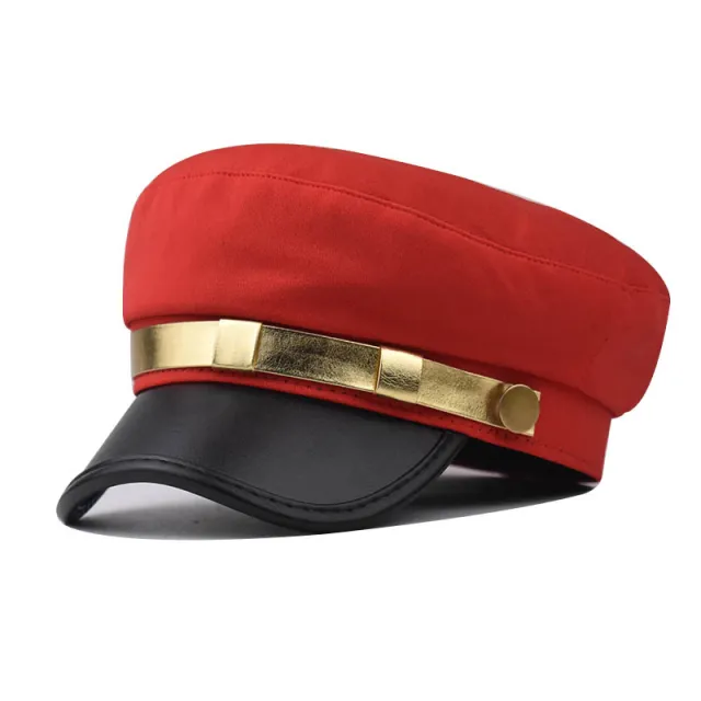 PU Leather Phnom Penh Flat top Cap Gold Bar Bright Red - Shop at LoveMi
