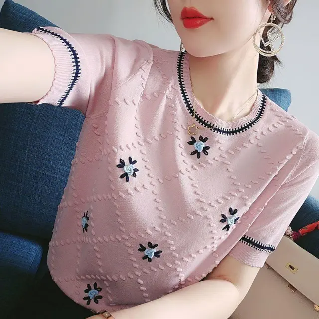 Women's Short sleeved T shirt Round Neck Embroidered Pink - Shop at LoveMi