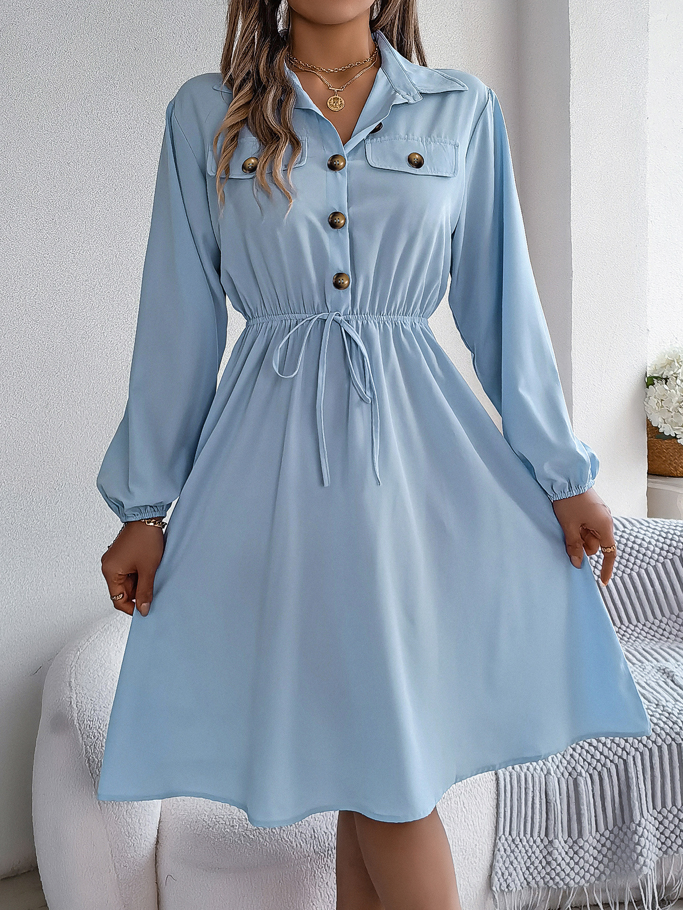 Womens Casual Buttoned Lace-Up Waist-Cinching Long-Sleeve Dress