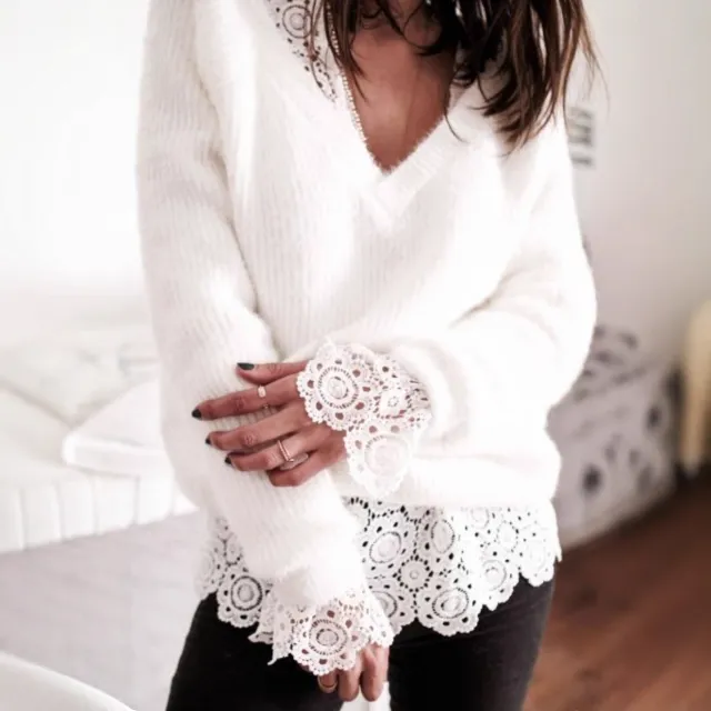 Elegant Elegant V neck Loose Stitching Lace Sweater White - Shop at LoveMi