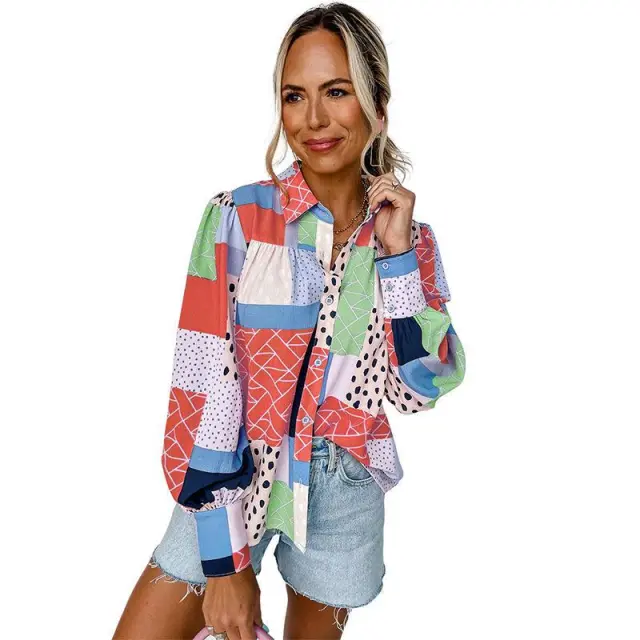 Abstract Geometric Printed Lantern Sleeve Single breasted Shirt Orange - Shop at LoveMi