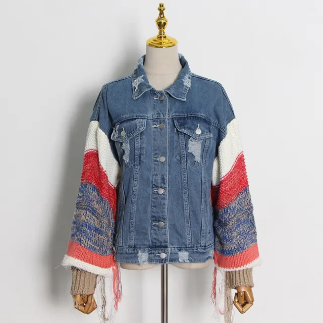 Contrast Color Denim Coat Women's Lapel Single Breasted Special Jacket Top Blue - Shop at LoveMi