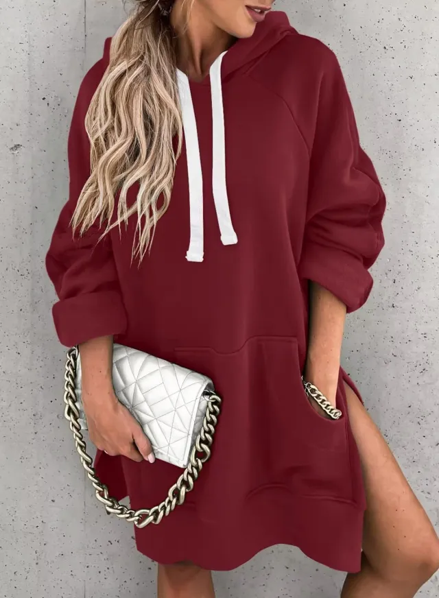 Women's Solid Color Hooded Mid length Sweater Red - Shop at LoveMi