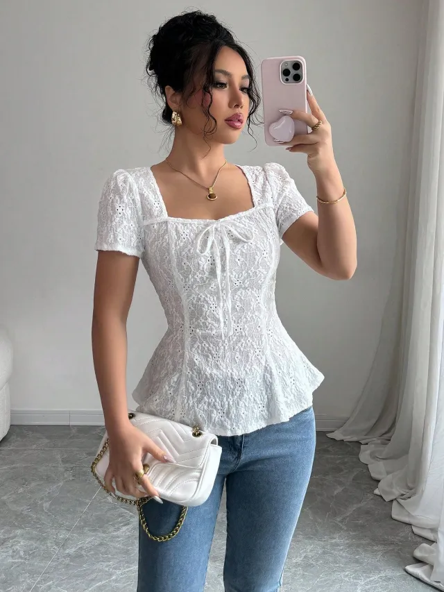 Casual Lace Blouse With A Square Neckline And Bow tied Short Sleeves White - Shop at LoveMi