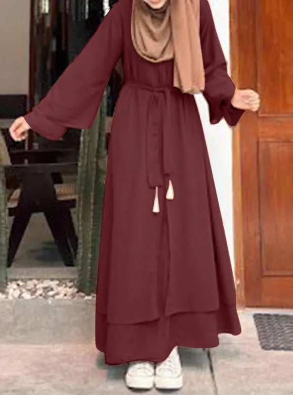 Leisure Loose Plus Size Crew Neck Belt Dress - Wine Red