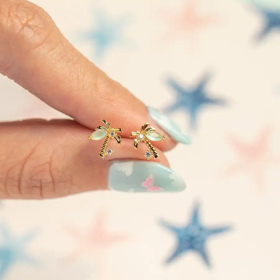 Beach Coconut Tree Stud Earrings Copper Plating 18K Real Gold Earrings