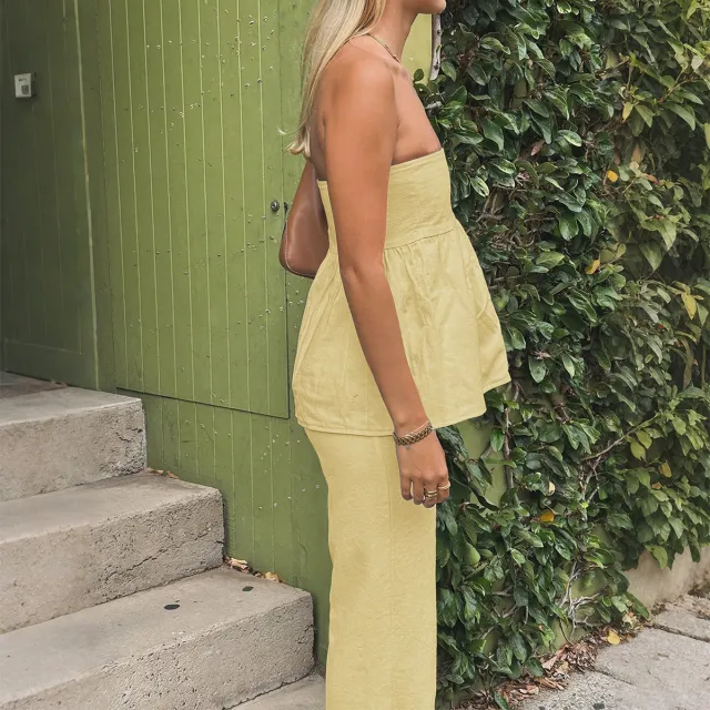 Women's Casual Tube Top Straight leg Trousers Suit Yellow - Shop at LoveMi