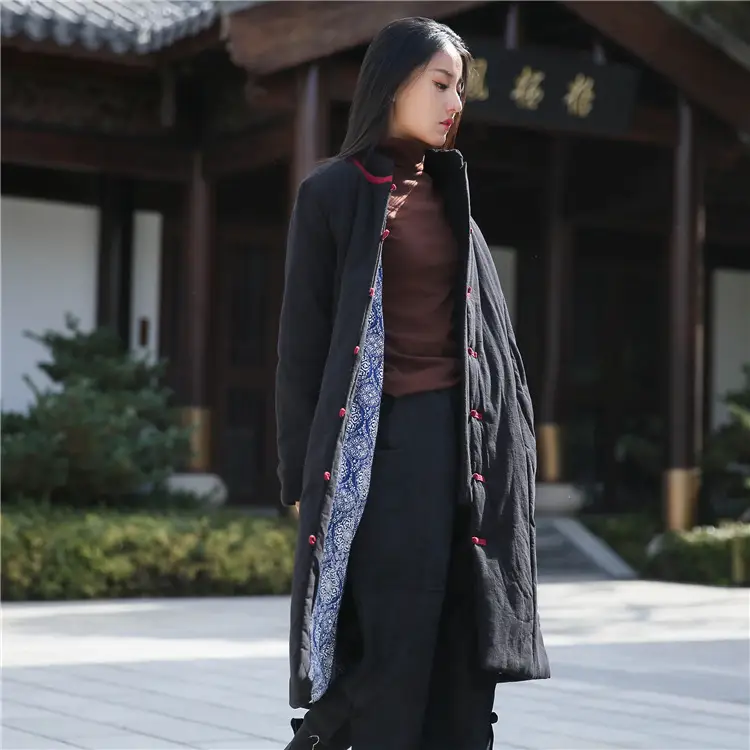 Retro Women's Artistic Cotton And Linen Clothing Buckle Cotton-padded Jacket