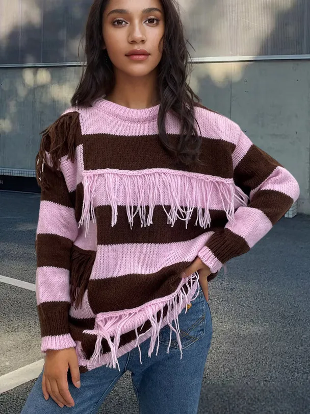 Contrast Color Tassel Sweater Sweater Striped European And American Top Pink - Shop at LoveMi