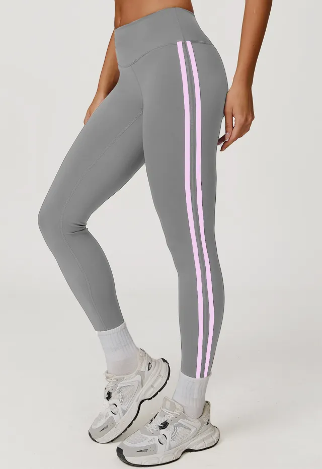 Side Striped Fitness Trousers High Waist Hip Lift Gray Pink Striped - Shop at LoveMi