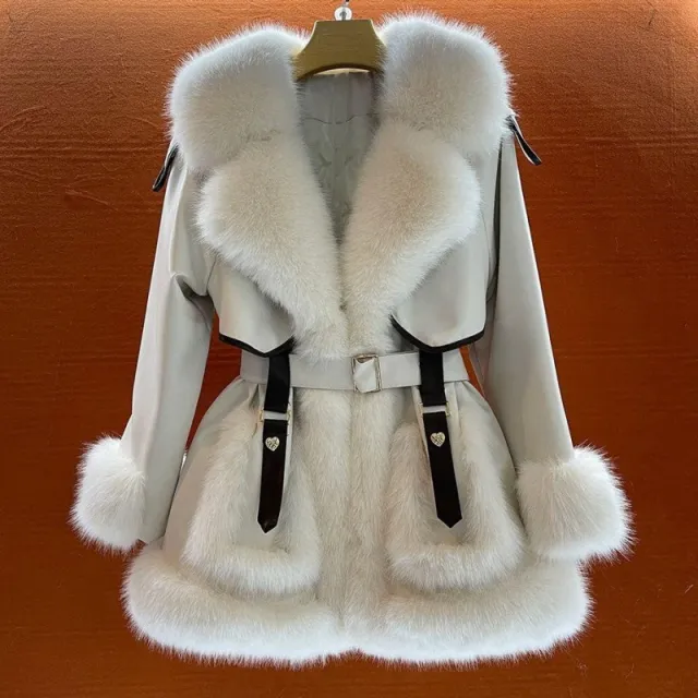 Elegant Big Fur Collar Fur Fur Coat For Women Beige - Shop at LoveMi