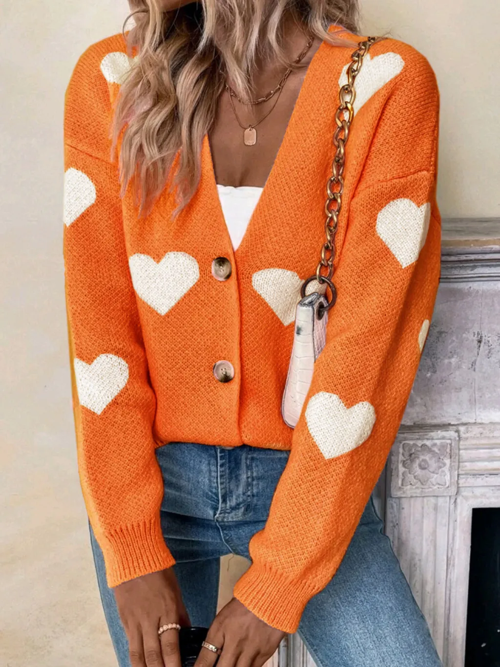 Sweater Women's Long-sleeved Cardigan Valentine's Day Love Pattern Sweater - Orange