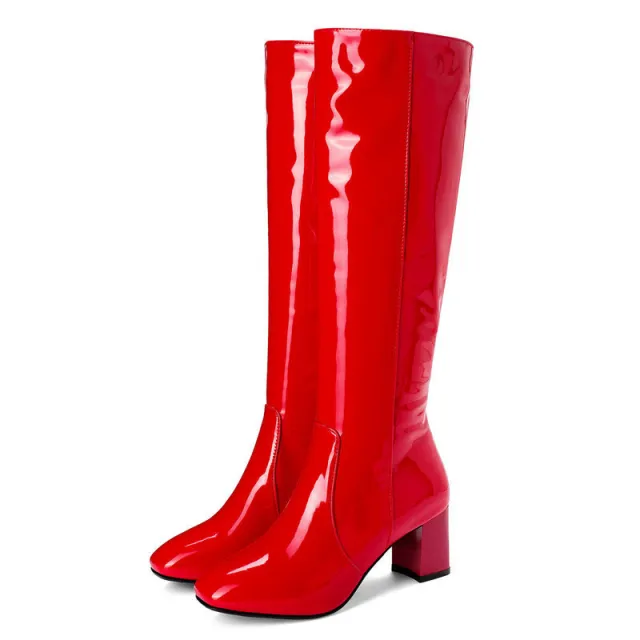Plus Size Patent Leather High Heel Long Boots Red - Shop at LoveMi