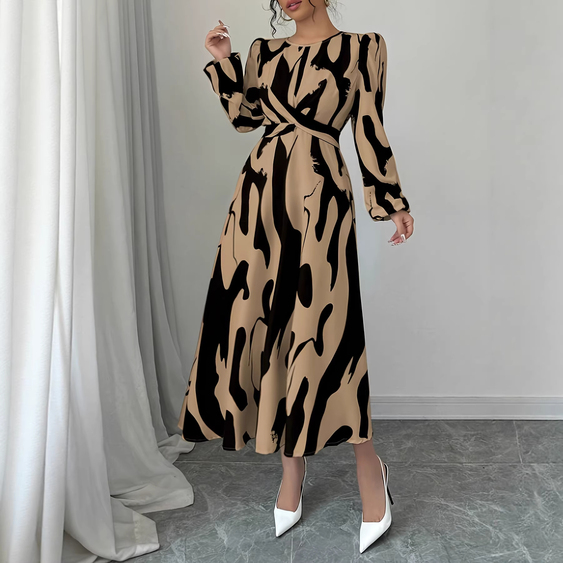 Womens Asymmetrical Printed Tie Bow-Detailed Elastic-Cuff Casual Resort Maxi Dress For Women