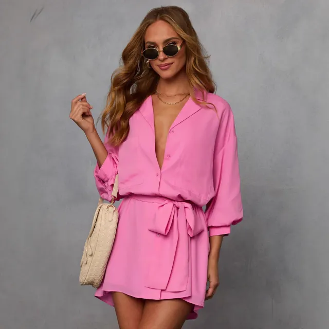 Strap Solid Color Temperament Long sleeved Shirt Dress Rose Red - Shop at LoveMi