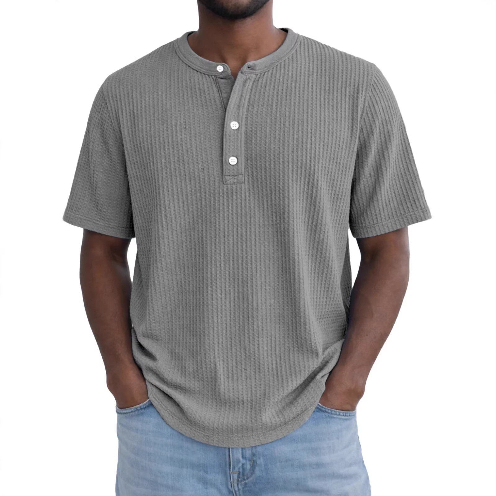 Short-Sleeve Waffle-Weave Henry Collar T-Shirt