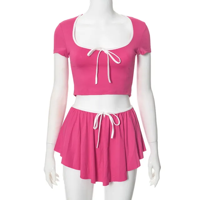 Square Neck T shirt Slim Fit Low Waist Skirt Suit Rose Red - Shop at LoveMi