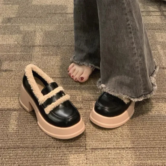 Platform Leather Shoes Women's Autumn And Winter Velvet Height increasing Chunky Heel Black - Shop at LoveMi