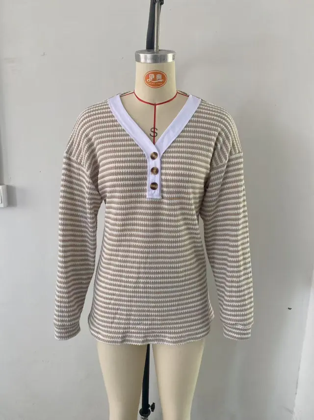 V neck Buttons Pullover Patchwork Casual Long Sleeve Apricot - Shop at LoveMi