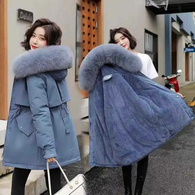 Long Style Large Fur Collar Fleece Lined Cotton Jacket Down Cotton Coat Outerwear Snowflake Blue - Shop at LoveMi