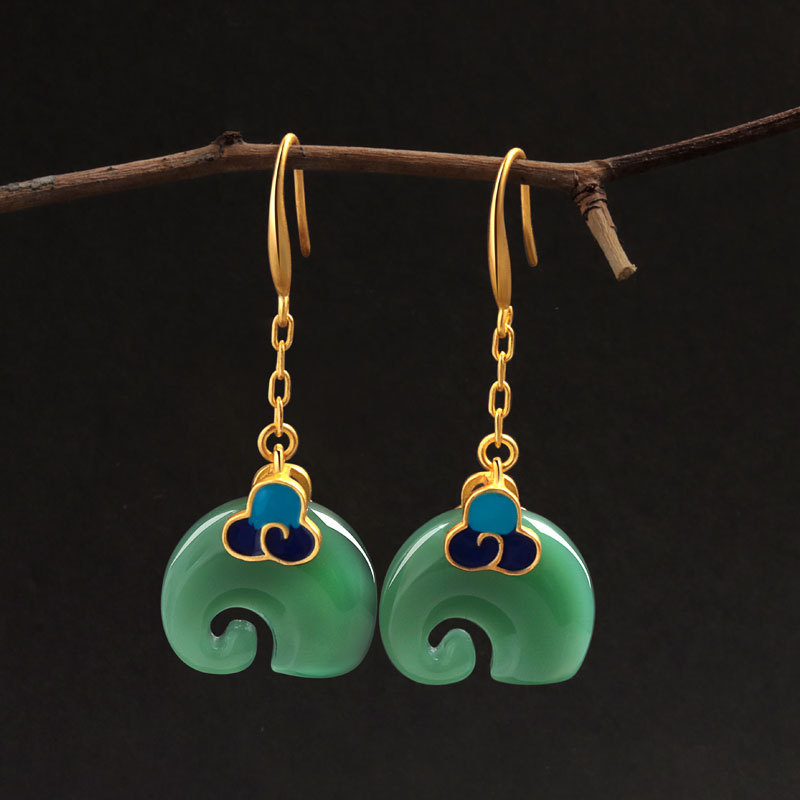 Niche Cold Enamel Xiangyun Elephant Hetian Jade Vintage Style Earrings