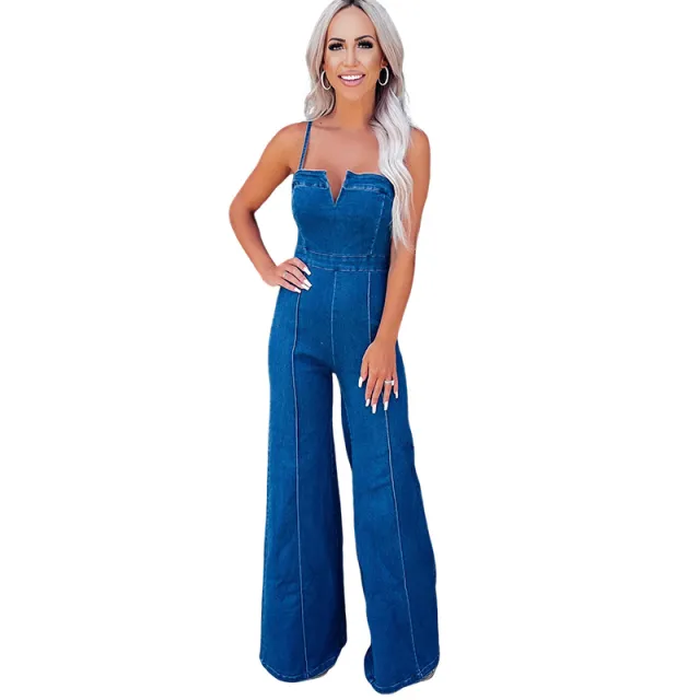 Denim Jumpsuit Women's Spaghetti Strap High Waist Blue - Shop at LoveMi