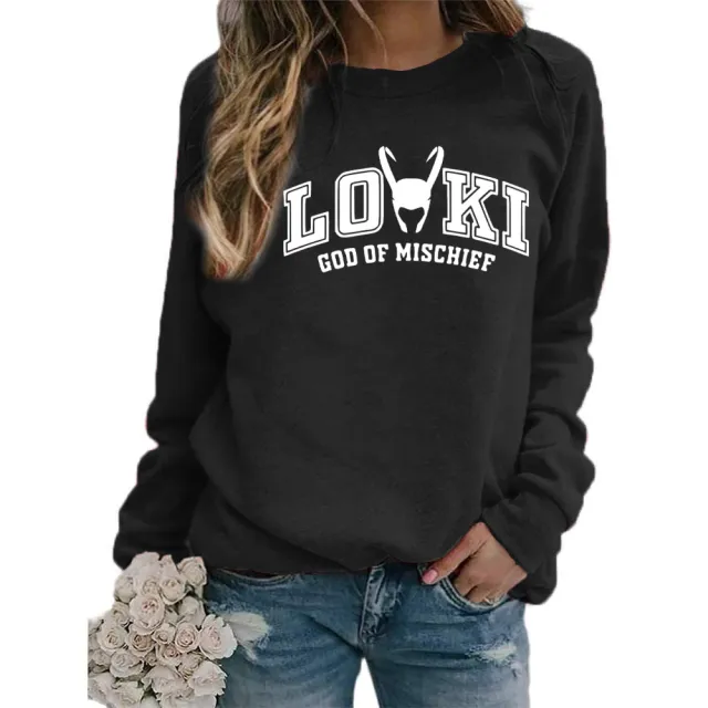 Printed Crew Neck Sweatshirt Autumn And Winter European And American Style Women Top Loose Fashion Round Collar In Black - Shop at LoveMi