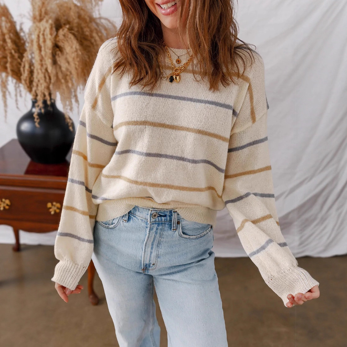 New Womens Casual Color-Striped Pullover Sweater