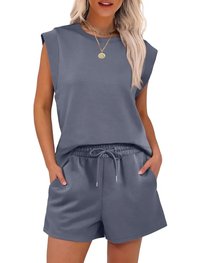 Round Neck Cover Sleeve Top With Pockets Shorts Suit Dark Gray - Shop at LoveMi