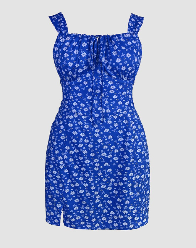 Women's floral print jumpsuit in red flowers, bold print detail close-up