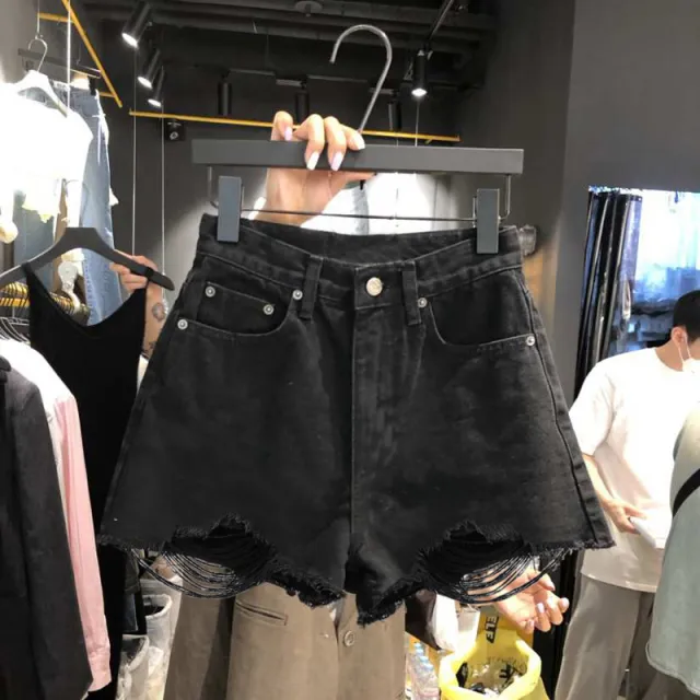 Women's Fashion Casual High Waist Ripped Tassel Raw Edge Denim Shorts Black - Shop at LoveMi