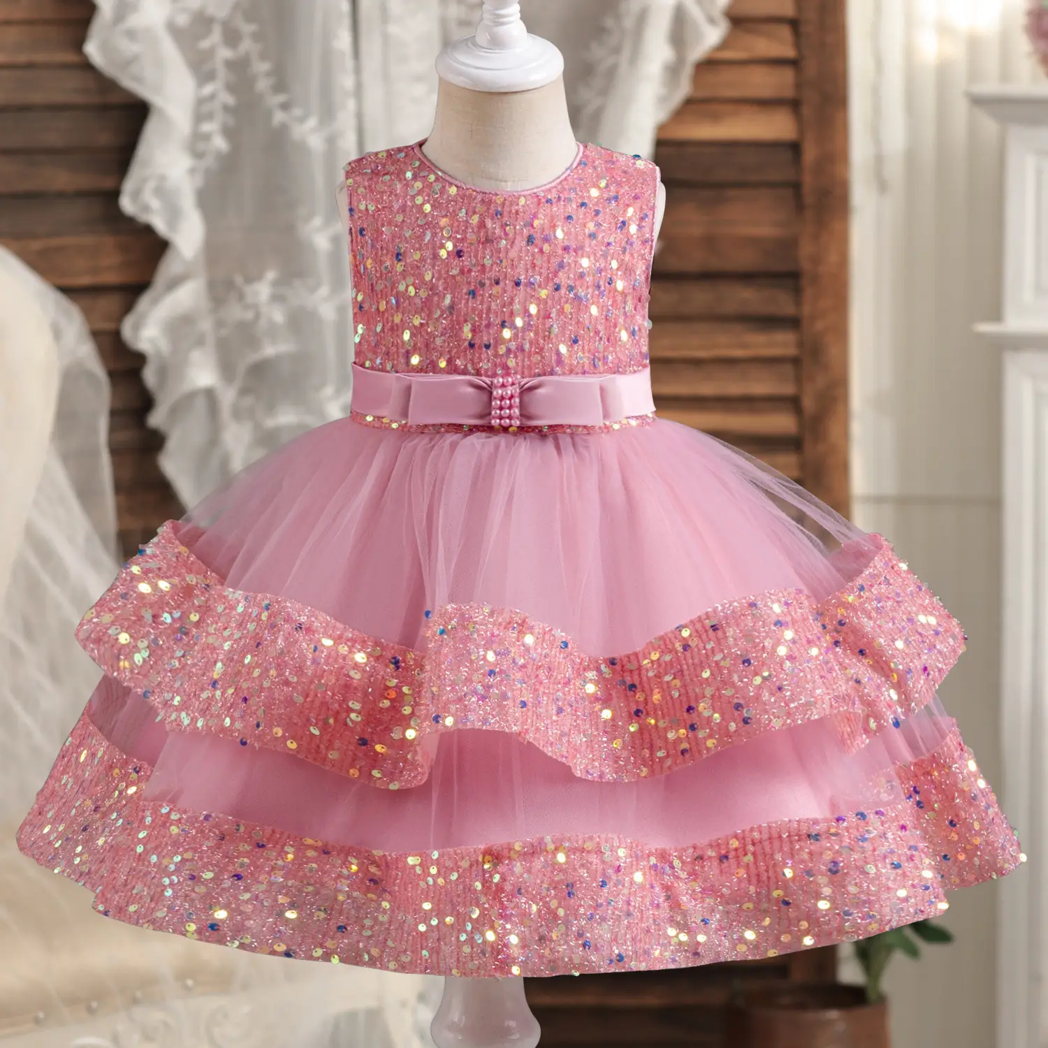 Princess Dress for Girls with Sequin Tulle Skirt — Pink, 80cm