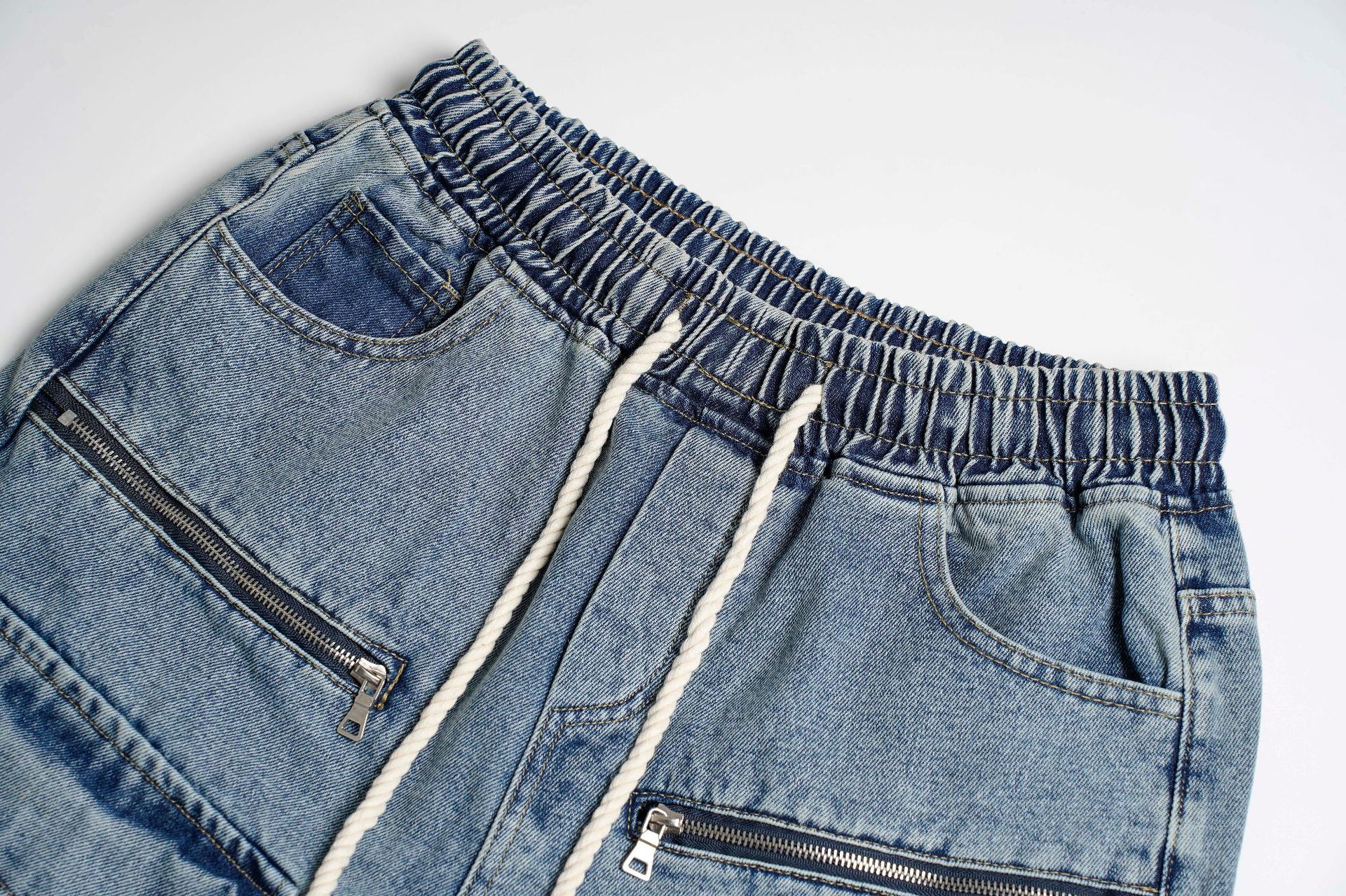 Washed Distressed Multi-pocket Elastic Waist Denim Shorts